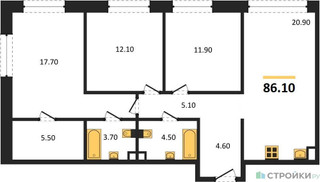 Планировка трехкомнатной(квартира) площадью 86.1 квадратных метров в “ЖК Шагал”