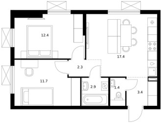 Планировка двухкомнатной(квартира) площадью 51.5 квадратных метров в ЖК “ЖК Яуза Парк (Мытищи)”