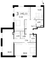 Планировка трехкомнатной(квартира) площадью 141.1 квадратных метров в “ЖК Городские Истории”