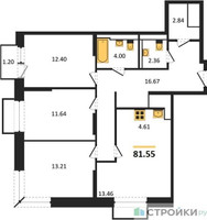 Планировка трехкомнатной(квартира) площадью 81.55 квадратных метров в “ЖК Долина Яузы”