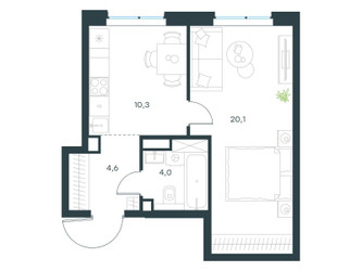 Планировка однокомнатной(квартира) площадью 39 квадратных метров в ЖК “ЖК Левел Мичуринский”
