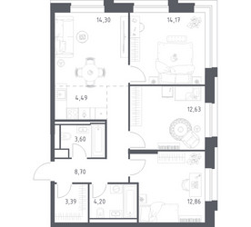 Планировка трехкомнатной(квартира) площадью 78.34 квадратных метров в ЖК “ЖК Верейская 41”