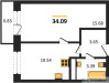 Планировка однокомнатной(квартира) площадью 34.09 квадратных метров в “Семейный дом "Олива"”