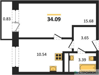 Планировка однокомнатной(квартира) площадью 34.09 квадратных метров в ЖК “Семейный дом "Олива"”