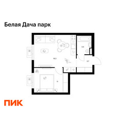 Планировка однокомнатной(квартира) площадью 37.5 квадратных метров в ЖК “ЖК Белая Дача парк”