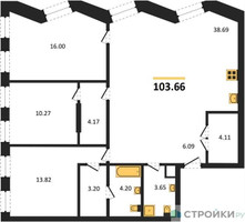 Планировка трехкомнатной(квартира) площадью 103.66 квадратных метров в “ЖК Insider (Инсайдер)”