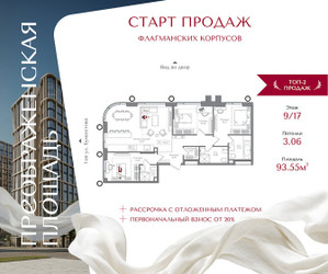 Планировка трехкомнатной(квартира) площадью 93.55 квадратных метров в ЖК “ЖК Преображенская Площадь”
