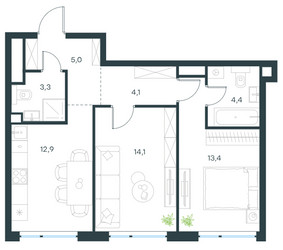 Планировка двухкомнатной(квартира) площадью 57.2 квадратных метров в ЖК “ЖК Level Мичуринский”