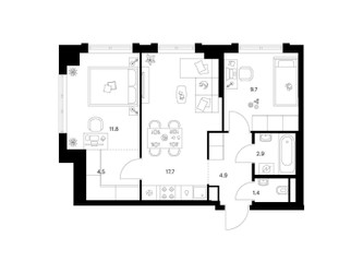 Планировка двухкомнатной(квартира) площадью 52.9 квадратных метров в ЖК “ЖК Москворечье”