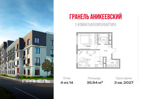 Планировка двухкомнатной(квартира) площадью 35.94 квадратных метров в “ЖК Аникеевский”