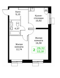 Планировка двухкомнатной(квартира) площадью 53.91 квадратных метров в ЖК “ЖК КИТ 2”