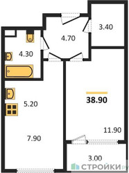Планировка однокомнатной(квартира) площадью 38.9 квадратных метров в ЖК “Жилой квартал Новое Медведково”