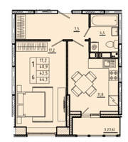 Планировка однокомнатной(квартира) площадью 42.5 квадратных метров в “ЖК Ривер-Парк”