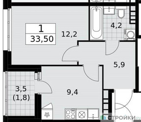 Планировка однокомнатной(квартира) площадью 33.5 квадратных метров в ЖК “ЖК Дзен-кварталы”