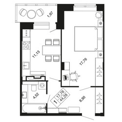 Планировка однокомнатной(квартира) площадью 44.2 квадратных метров в ЖК “ЖК Времена года”