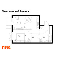 Планировка однокомнатной(квартира) площадью 42.7 квадратных метров в ЖК “ЖК Томилинский бульвар”