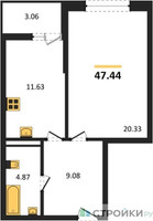 Планировка однокомнатной(квартира) площадью 47.44 квадратных метров в “ЖК Riga Hills (Рига Хиллс)”