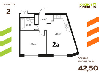 Планировка двухкомнатной(квартира) площадью 42.5 квадратных метров в ЖК “ЖК Южное Пушкино”