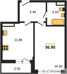 Планировка однокомнатной(квартира) площадью 36.9 квадратных метров в ЖК “ЖК Родные кварталы”