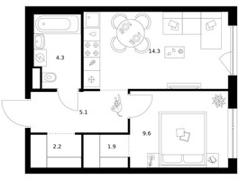 Планировка однокомнатной(квартира) площадью 37.4 квадратных метров в “ЖК Кавказский бульвар 51”