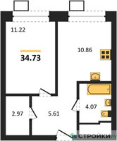 Планировка однокомнатной(квартира) площадью 34.73 квадратных метров в “ЖК Апарт-отель Тропарево парк”