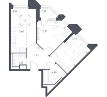 Планировка двухкомнатной(апартаменты) площадью 54.62 квадратных метров в “ЖК Скай Спутник”