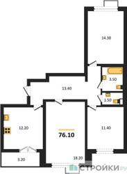 Планировка трехкомнатной(квартира) площадью 76.1 квадратных метров в ЖК “ЖК ЮЖНАЯ БИТЦА”