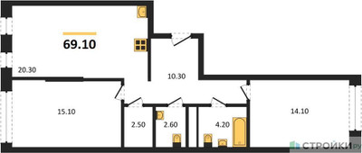 Планировка двухкомнатной(квартира) площадью 69.1 квадратных метров в ЖК “ЖК Переделкино Ближнее”