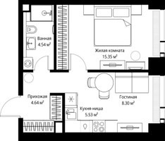 Планировка однокомнатной(квартира) площадью 38.36 квадратных метров в “ЖК Веер”
