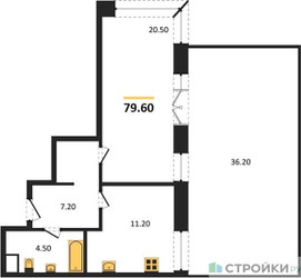 Планировка однокомнатной(квартира) площадью 79.6 квадратных метров в ЖК “ЖК Мираполис”