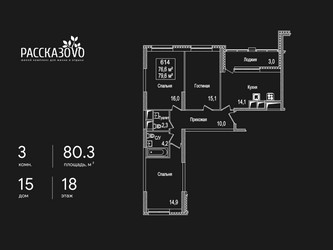 Планировка трехкомнатной(квартира) площадью 80.3 квадратных метров в ЖК “ЖК Рассказово”