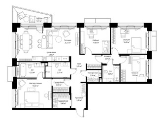 Планировка 4+ комнатной(квартира) площадью 129.49 квадратных метров в ЖК “Архитектурный проект Мыс”