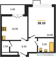 Планировка однокомнатной(квартира) площадью 38.1 квадратных метров в “ЖК 1-й Южный (Первый Южный)”