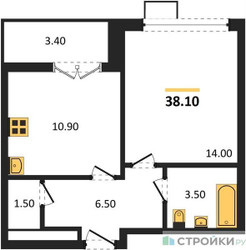 Планировка однокомнатной(квартира) площадью 38.1 квадратных метров в ЖК “ЖК 1-й Южный (Первый Южный)”