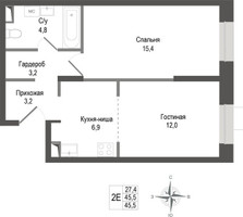 Планировка двухкомнатной(квартира) площадью 45.5 квадратных метров в “ЖК КИНОКВАРТАЛ”