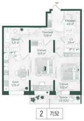 Планировка двухкомнатной(квартира) площадью 74.7 квадратных метров в ЖК “ЖК Рига Хиллс”