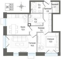 Планировка двухкомнатной(квартира) площадью 58 квадратных метров в “ЖК КИНОКВАРТАЛ”