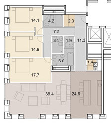 Планировка 4+ комнате (квартира) площадью 150.9 квадратных метров в ЖК “Savvin River Residence”