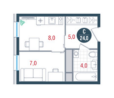 Планировка студии(квартира) площадью 24 квадратных метров в “ЖК РУСИЧ-Кантемировский”