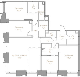Планировка трехкомнатной(квартира) площадью 126.3 квадратных метров в ЖК “ЖК Коллекция Лужники”