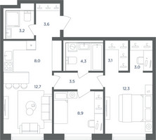 Планировка трехкомнатной(квартира) площадью 62.6 квадратных метров в “ЖК Равновесие”