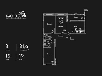 Планировка трехкомнатной(квартира) площадью 81.6 квадратных метров в ЖК “ЖК Рассказово”