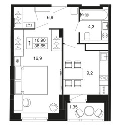 Планировка однокомнатной(квартира) площадью 38.65 квадратных метров в ЖК “ЖК Времена года”