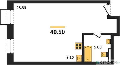 Планировка студии(квартира) площадью 40.5 квадратных метров в ЖК “ЖК Резиденции Архитекторов”