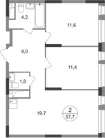 Планировка двухкомнатной(квартира) площадью 57.7 квадратных метров в “ЖК Первый Московский”