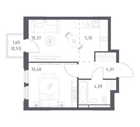 Планировка однокомнатной(квартира) площадью 34.56 квадратных метров в ЖК “ЖК Космический Квартал”