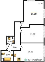 Планировка двухкомнатной(квартира) площадью 54.7 квадратных метров в “ЖК Дмитровское небо”