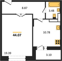 Планировка однокомнатной(квартира) площадью 44.07 квадратных метров в “ЖК Преображенская Площадь”
