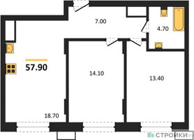 Планировка двухкомнатной(квартира) площадью 57.9 квадратных метров в “ЖК Резиденции Сколково”