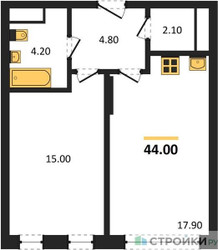 Планировка однокомнатной(квартира) площадью 44 квадратных метров в ЖК “ЖК Переделкино Ближнее”